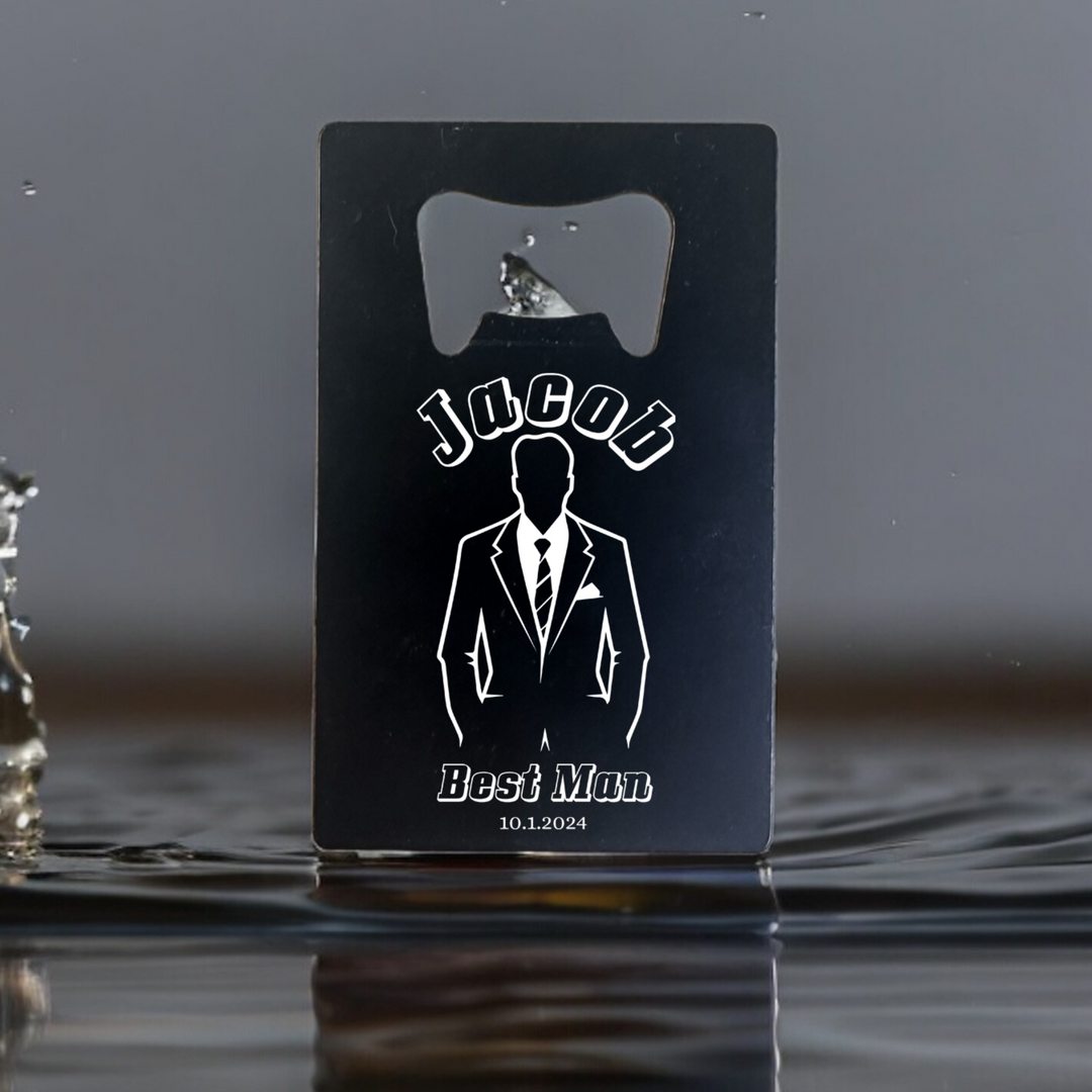 A personalized credit card bottle opener. Perfect for groomsmen gifts!