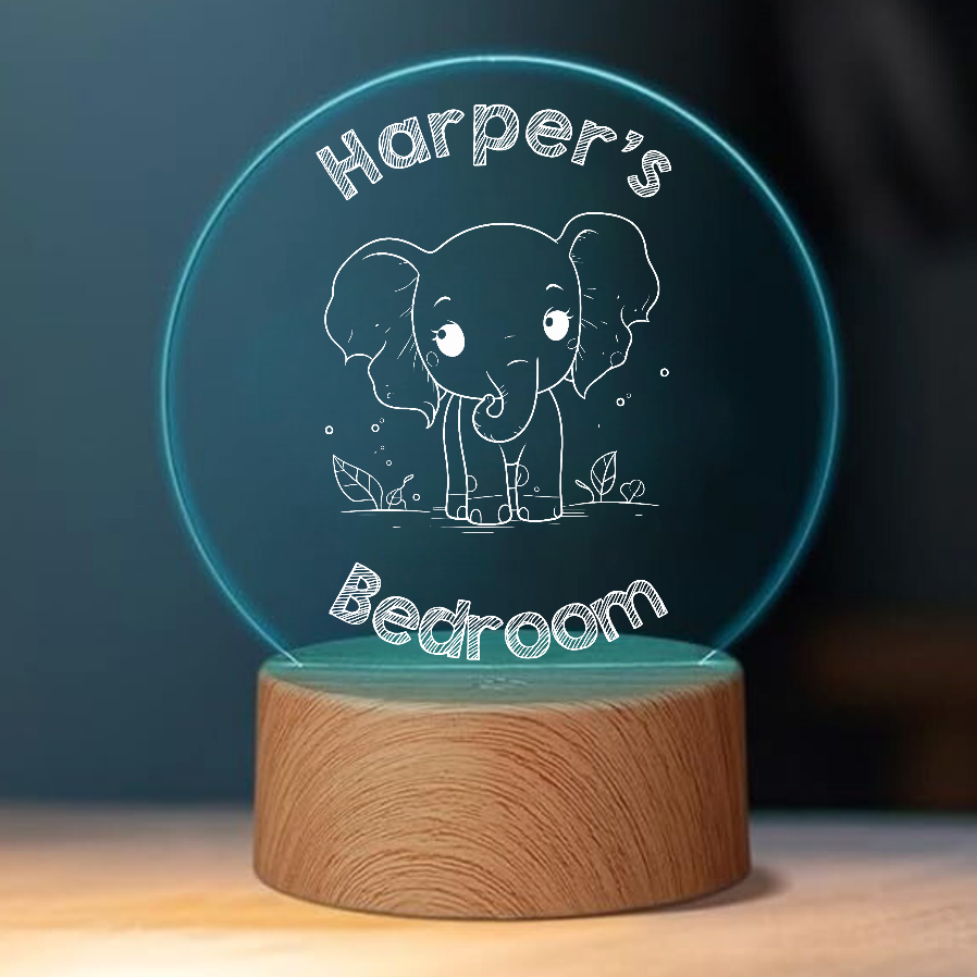 Kids Night Light. Personalized with a kids name with an engraving of an elephant.
