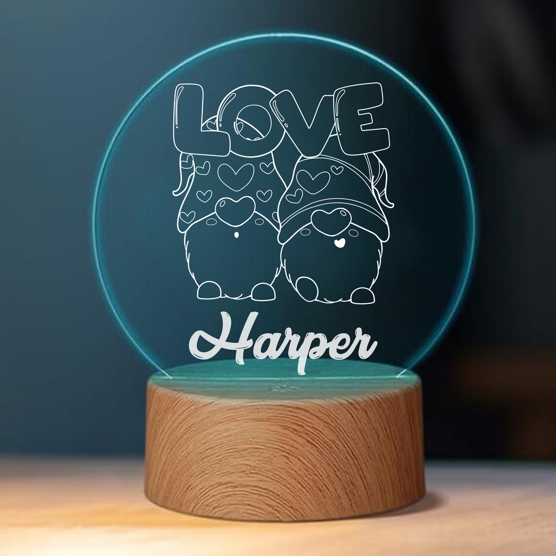 Kids night light laser engraved with a gnome design and their name