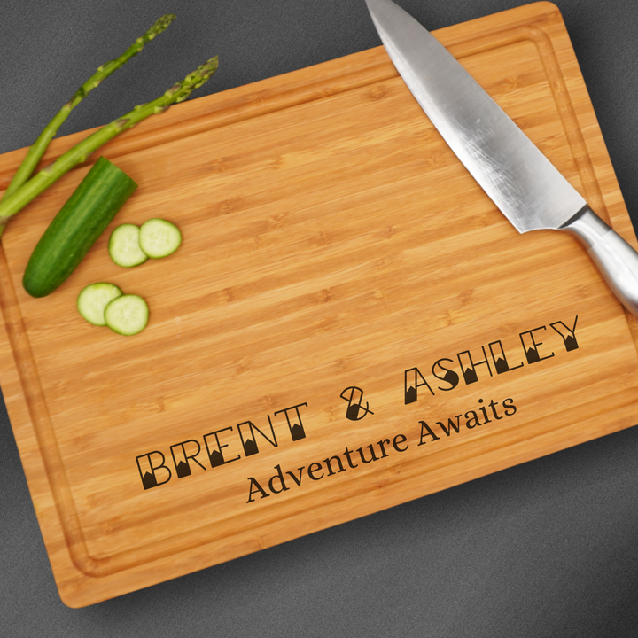 Large personalized cutting board engraved at the base with a couples name and cute message