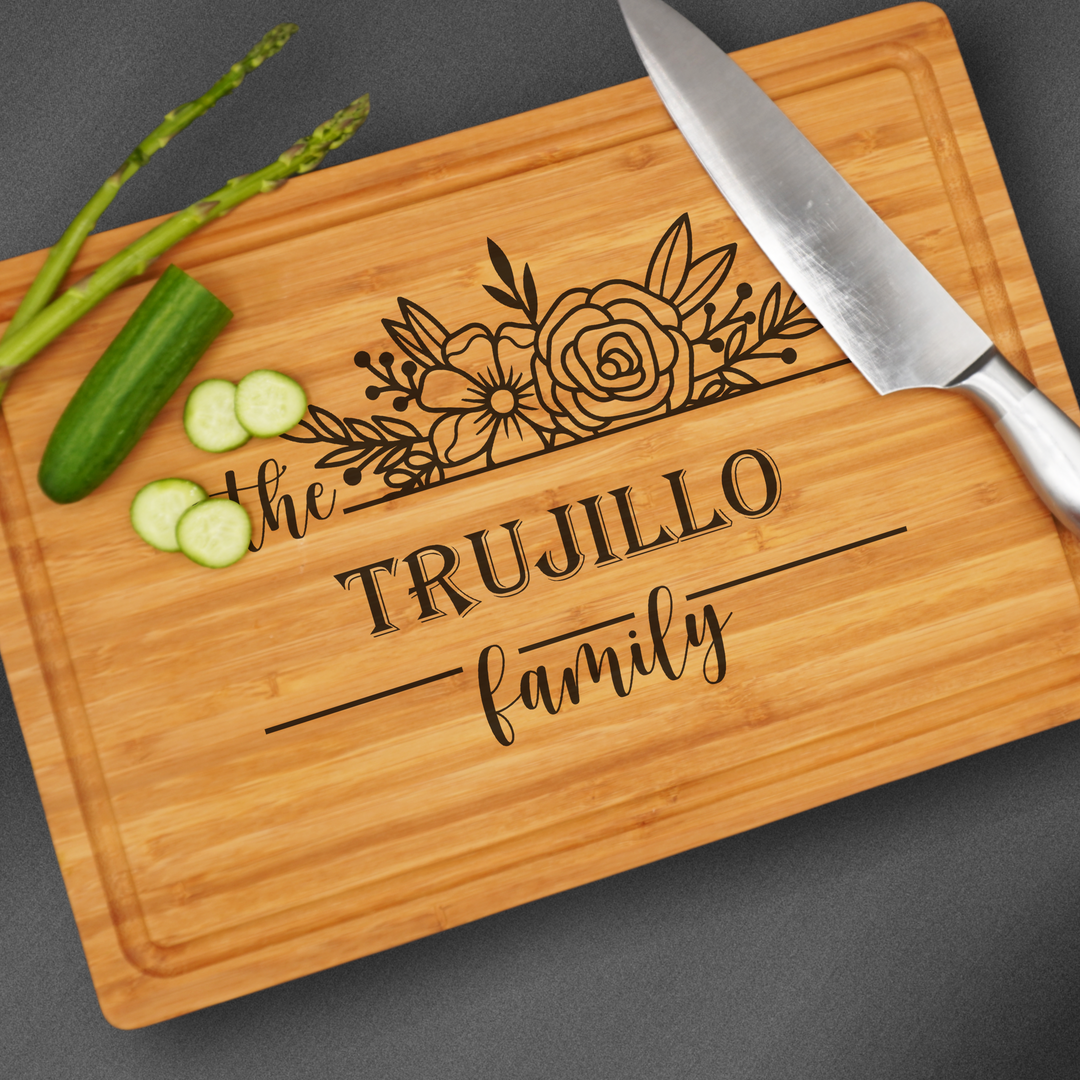 Large personalized cutting board engraved in the center. Perfect for housewarming gifts.