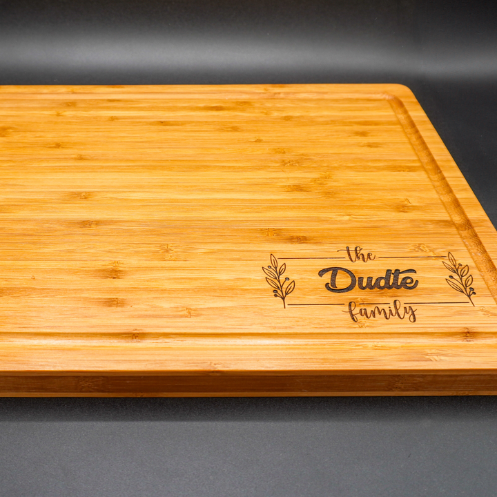 Large Cutting board with a laser engraving in the lower righthand corner