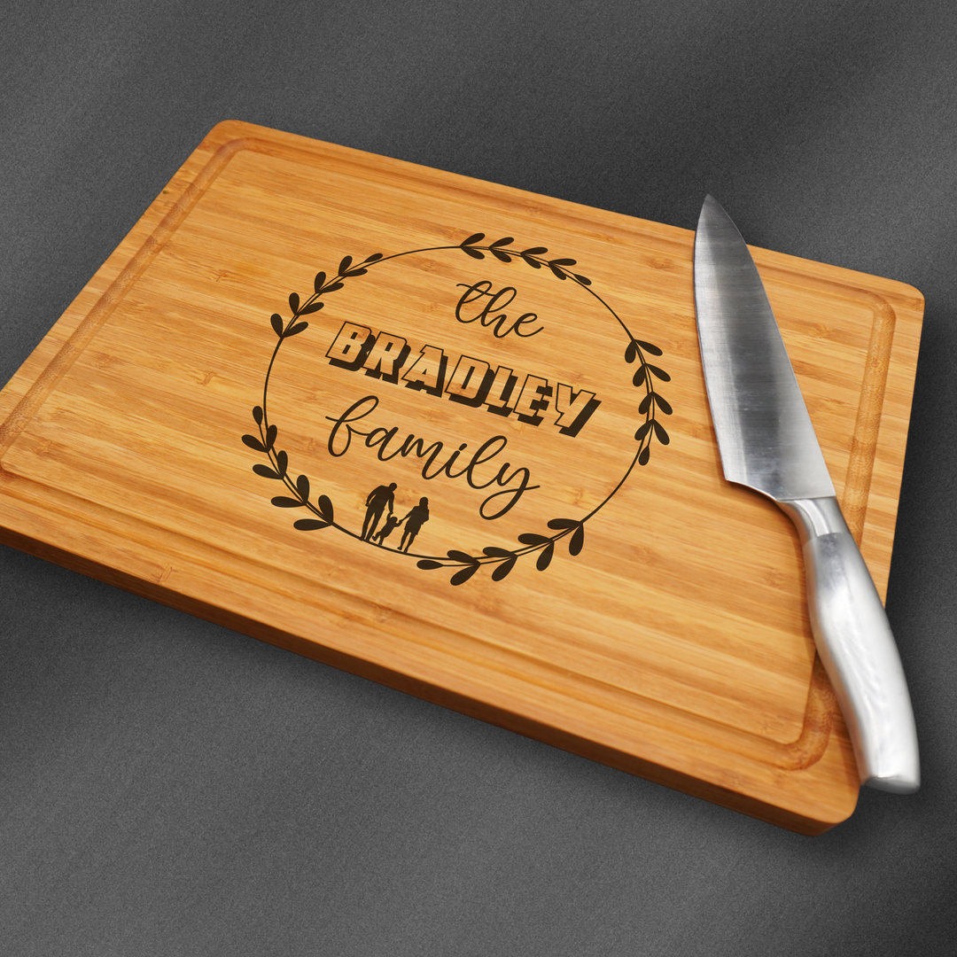 Personalized cutting board made of bamboo wood.