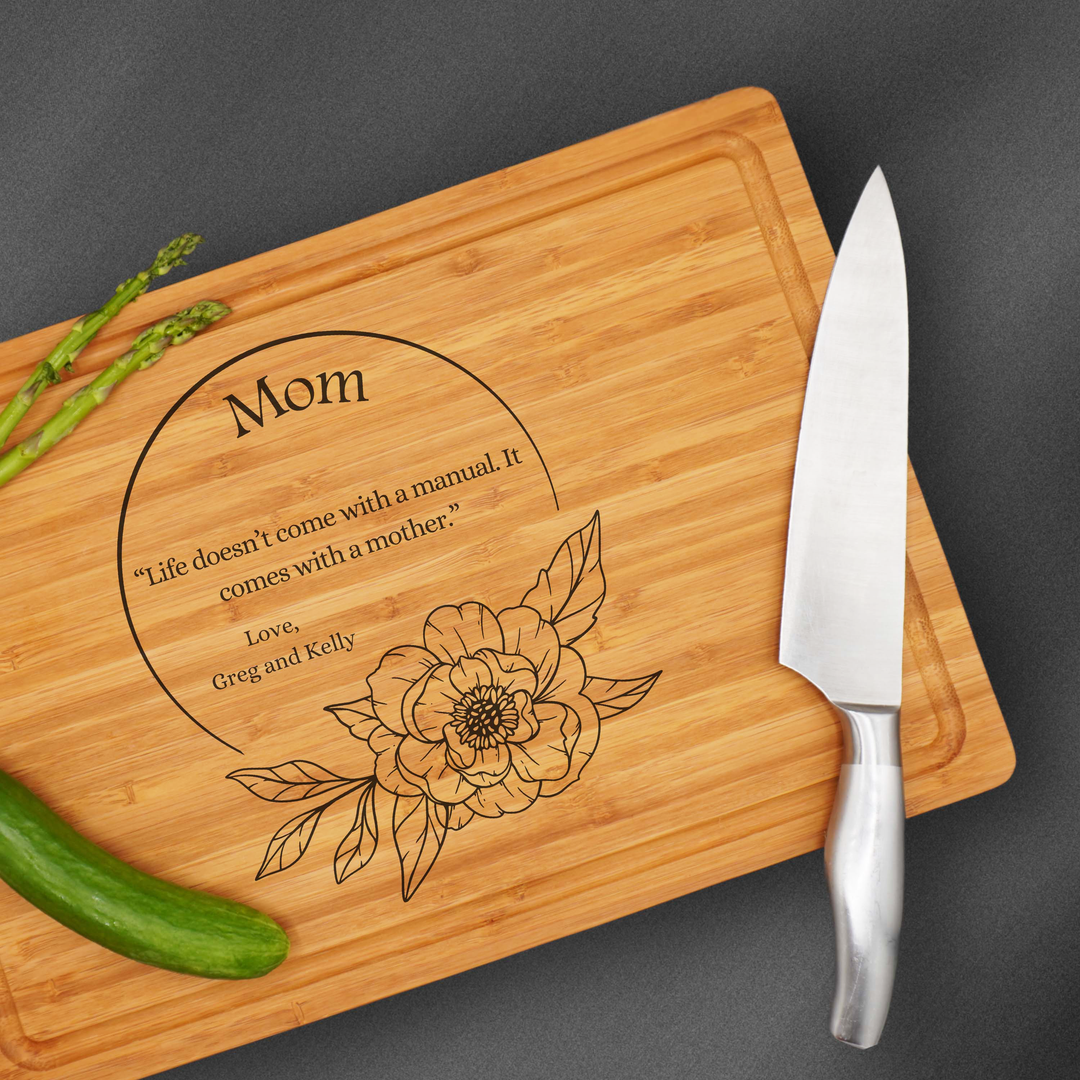 Personalized cutting board with a quote for mom from her kids.