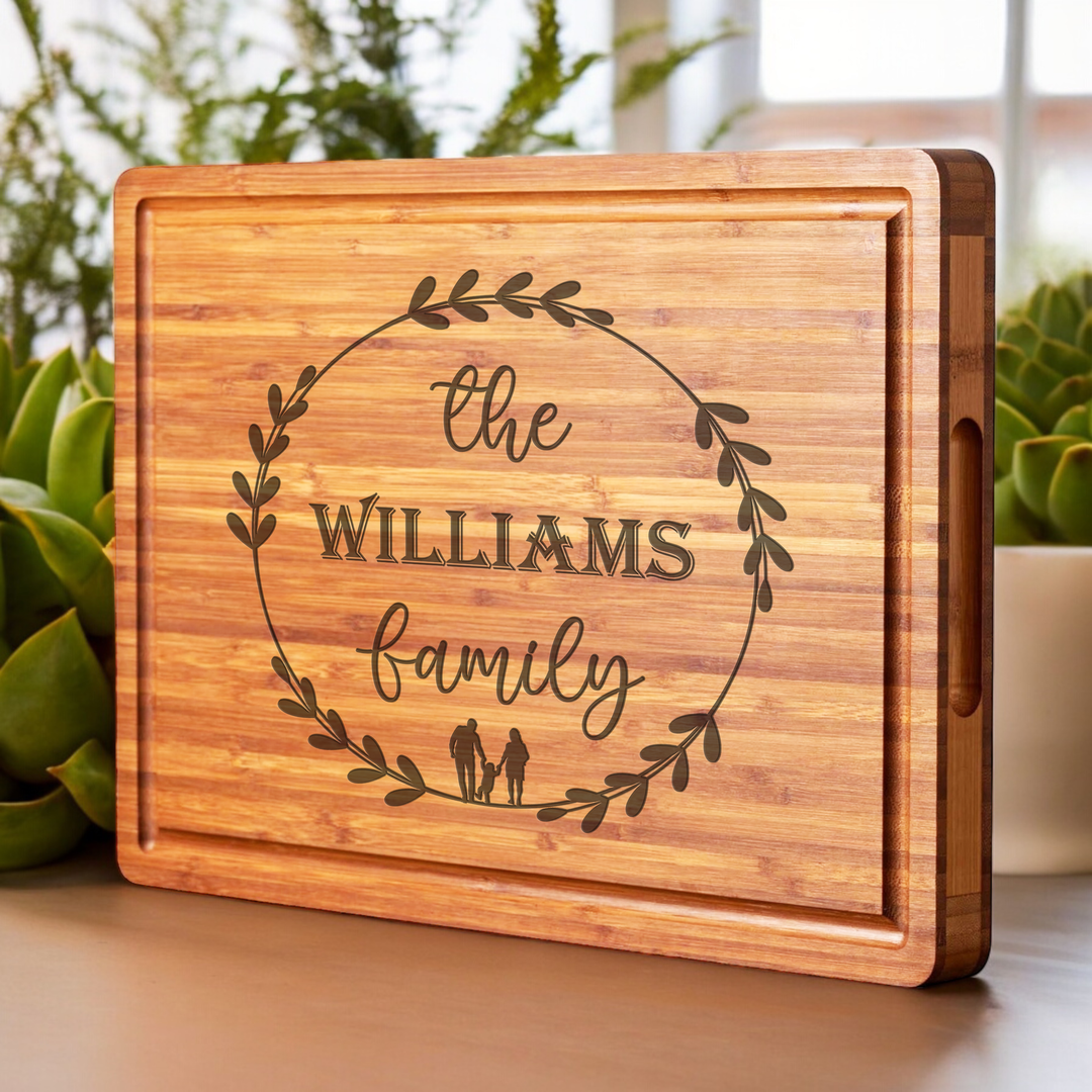 Personalized large cutting board with family engraving for housewarming gift.