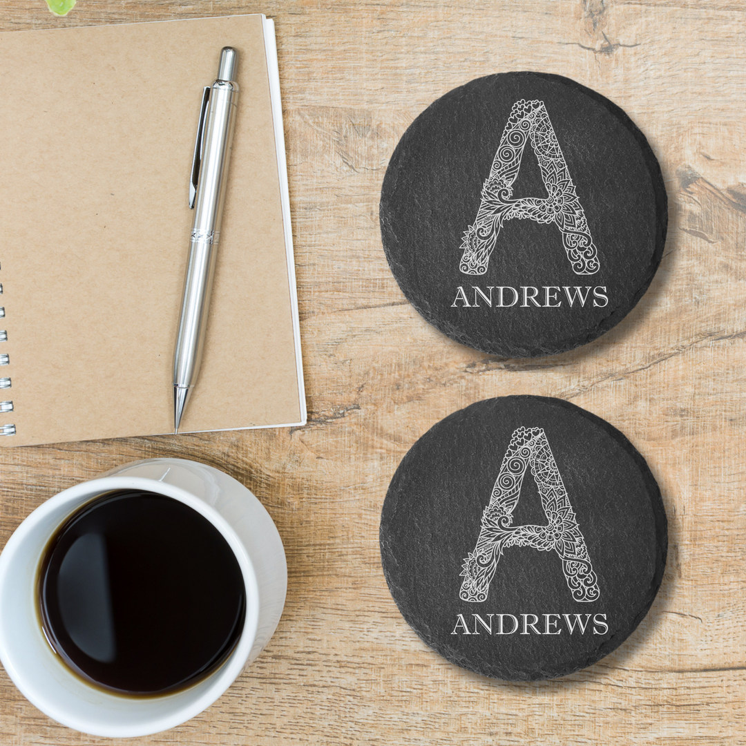 Handcrafted personalized drink coaster, beautifully engraved with custom initials and intricate patterns
