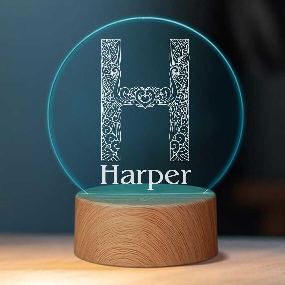 Personalized night light with a large initial and name