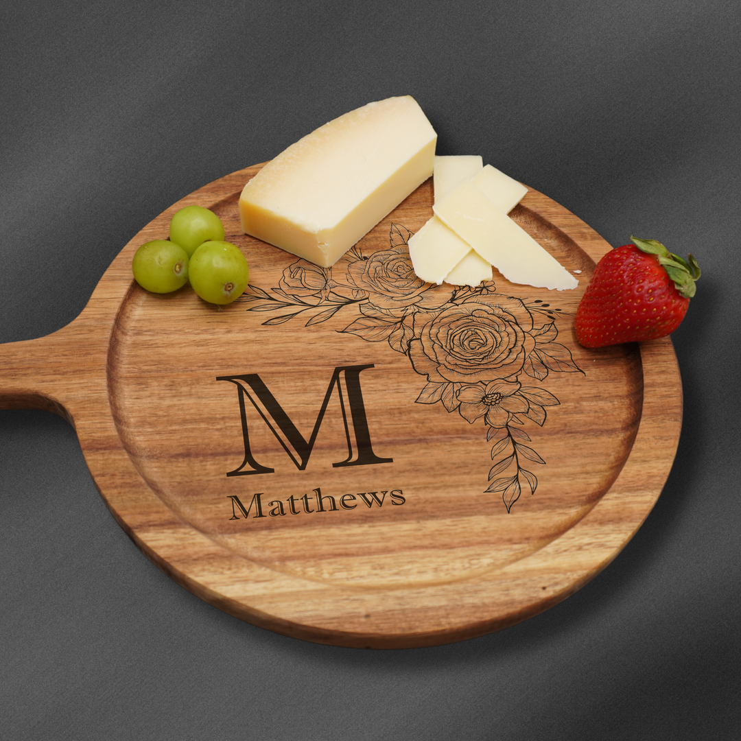 Personalized round serving tray with handle.