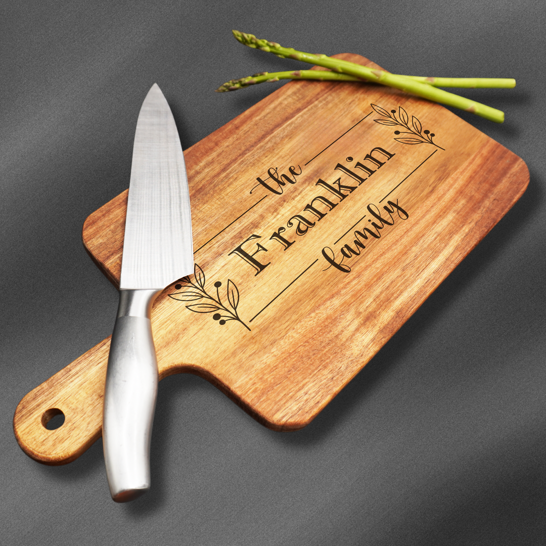 Large personalized cutting board engraved in the center. Perfect for anniversary gifts.