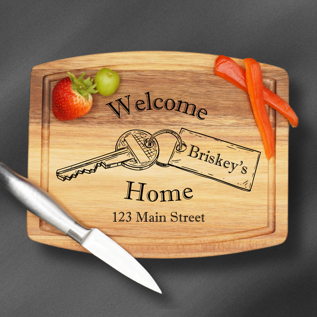 Rectangle Cutting Board personalized with a welcome home engraving.