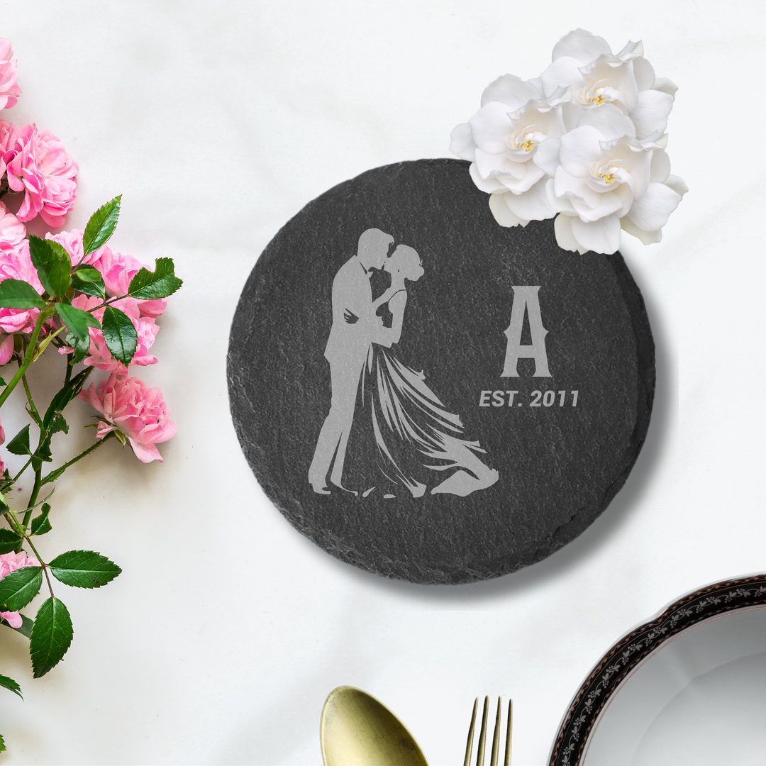 Custom wedding drink coaster, featuring personalized laser engraving with the couple's initials and wedding date