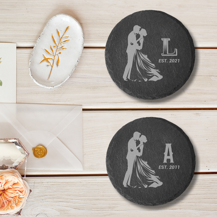 Handmade personalized wedding drink coaster, featuring elegant laser engraving with the bride and groom's initials