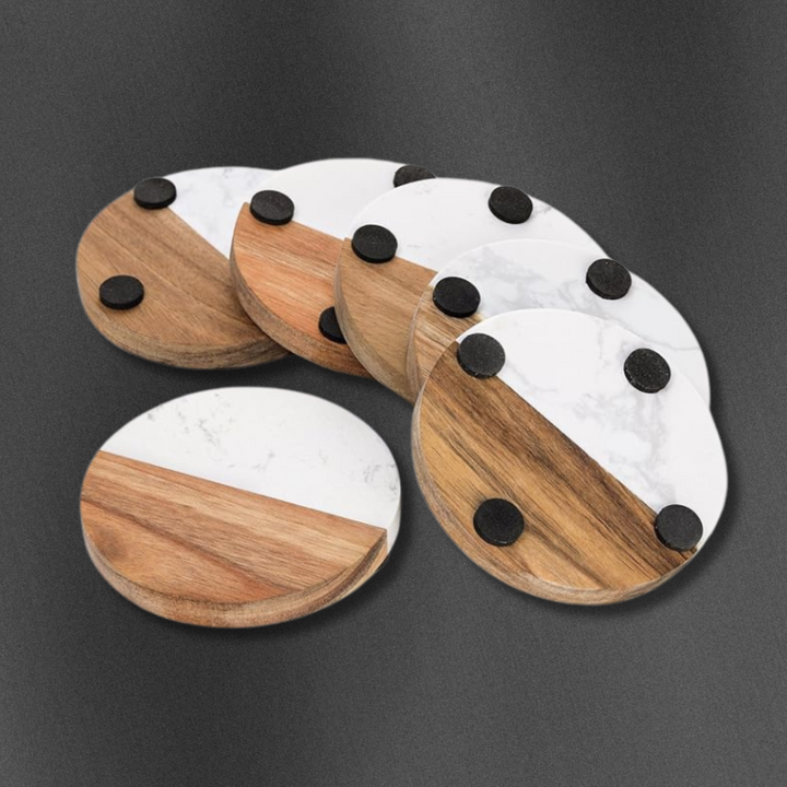 Granite and Wood coaster set with rubber feet.
